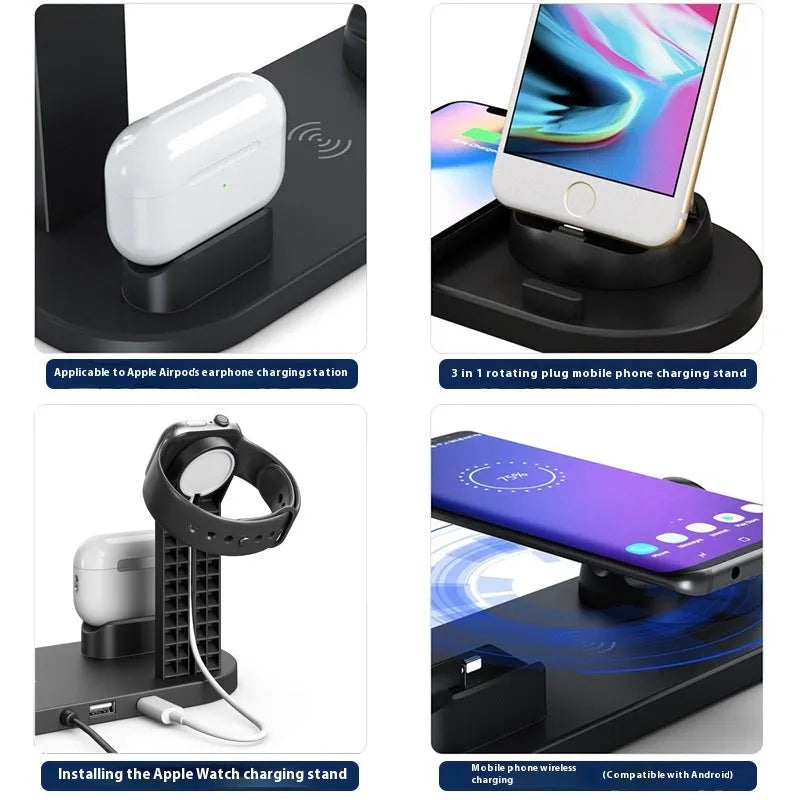 Black 3-in-1 charging stand holding a mobile phone, a headset, and a smartwatch on a desk.