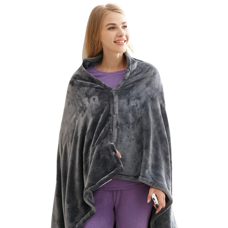 Dark grey coral fleece USB heated blanket shawl with control button