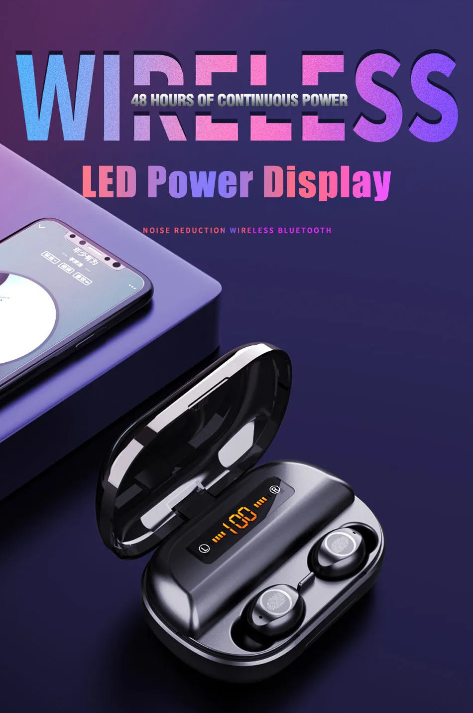 Wireless Bluetooth headset earbud in black with battery display