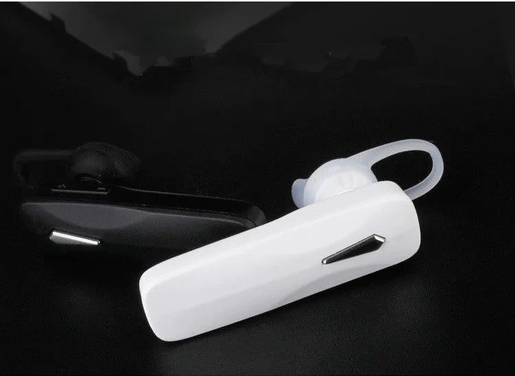 M163 black and white car Bluetooth headset for hands-free calls and music with selfie control.