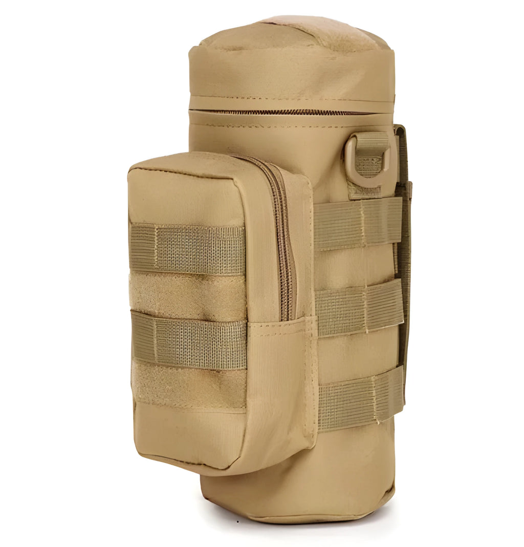 Outdoors Molle water bottle pouch in army green attached to backpack with zippered main and side pouches