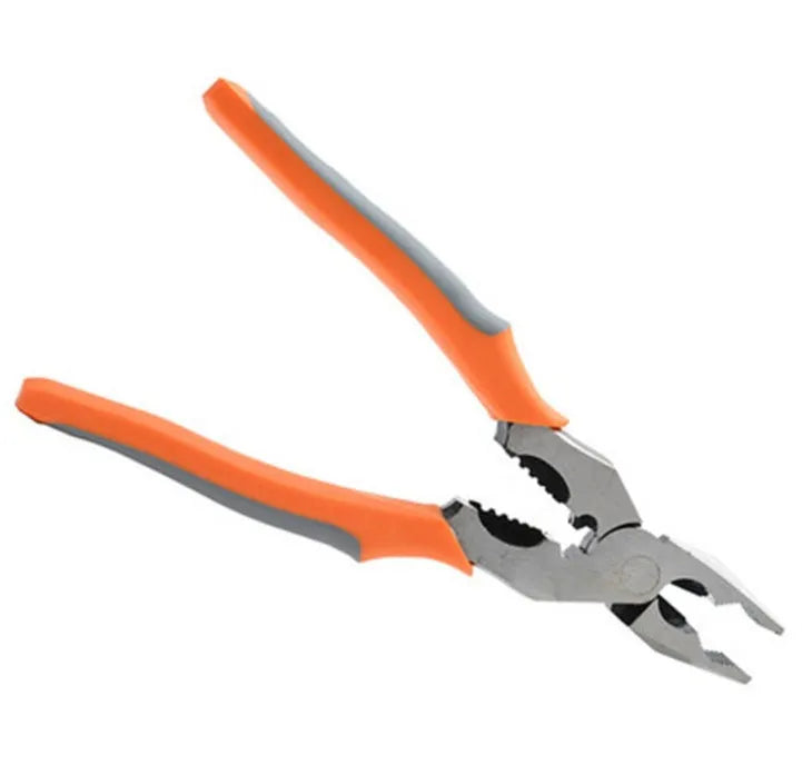 Orange multi-function wire cutter pliers with chrome steel head and textured plastic grips.
