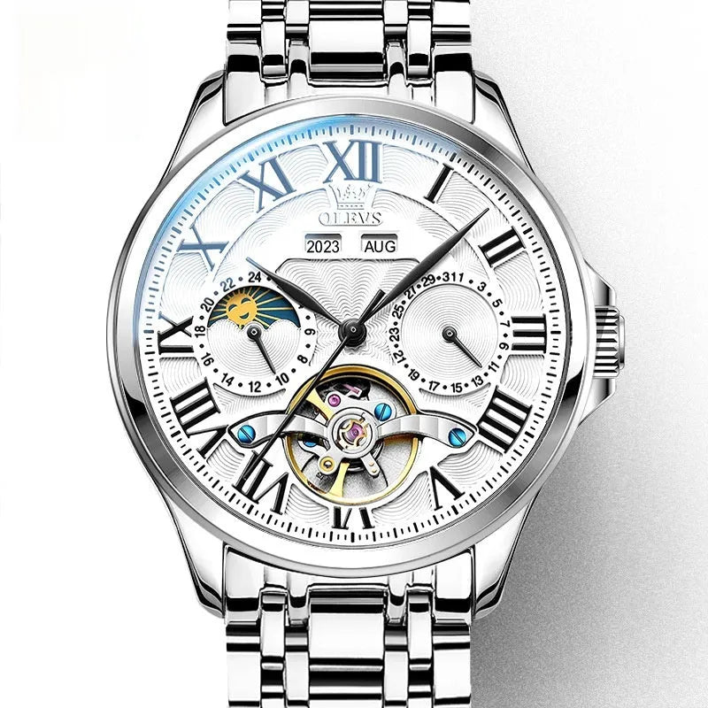 Automatic mechanical men's watch with double calendar, 11mm thickness, steel or leather strap, black or white dial