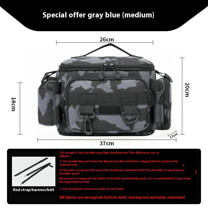 Luya crossbody multi functional fishing storage bag in Oxford cloth with camouflage pattern and multiple compartments.