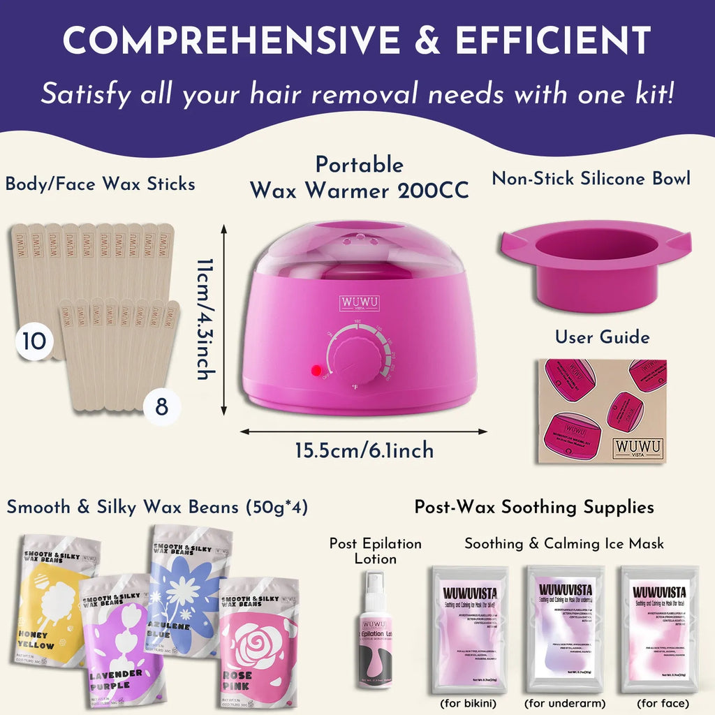 WUWUVISTA 29-piece hard wax kit with black wax warmer, pink and black wax beads, applicator sticks, and aftercare bottles.