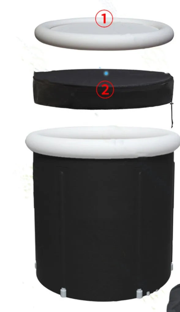 Black inflatable portable ice bath tub with insulation, shown with weather lid and pump.