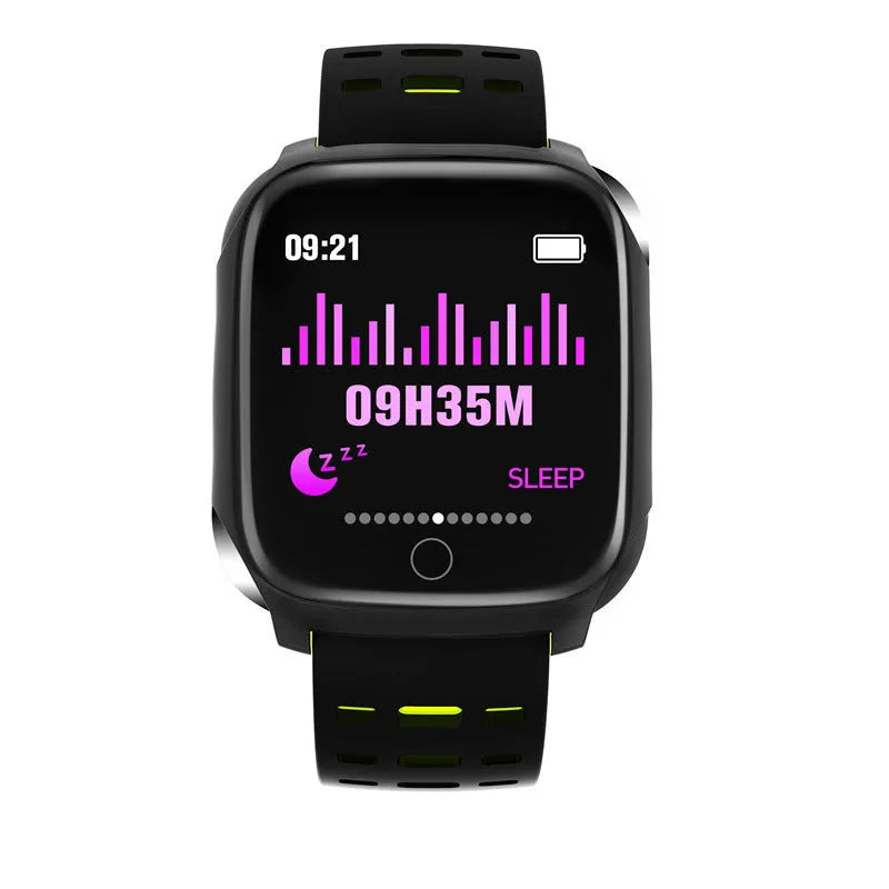 F16 smart watch with ECG monitor on a silicone wristband, showing black grey colour option.