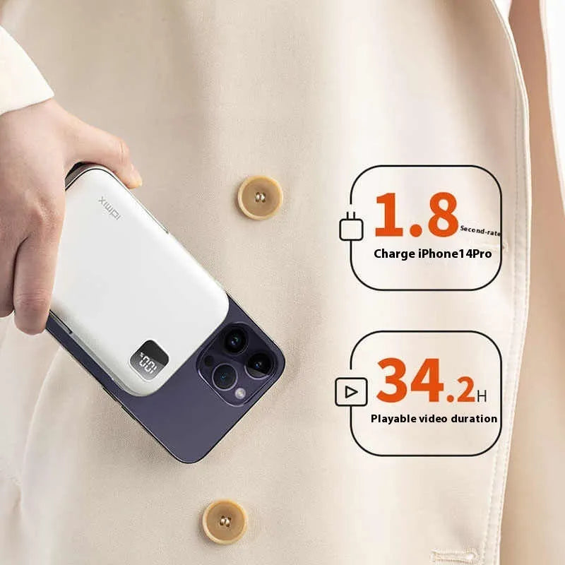 Magnetic portable wireless power bank 10000mAh PD20W in gray with MagSafe phone attached