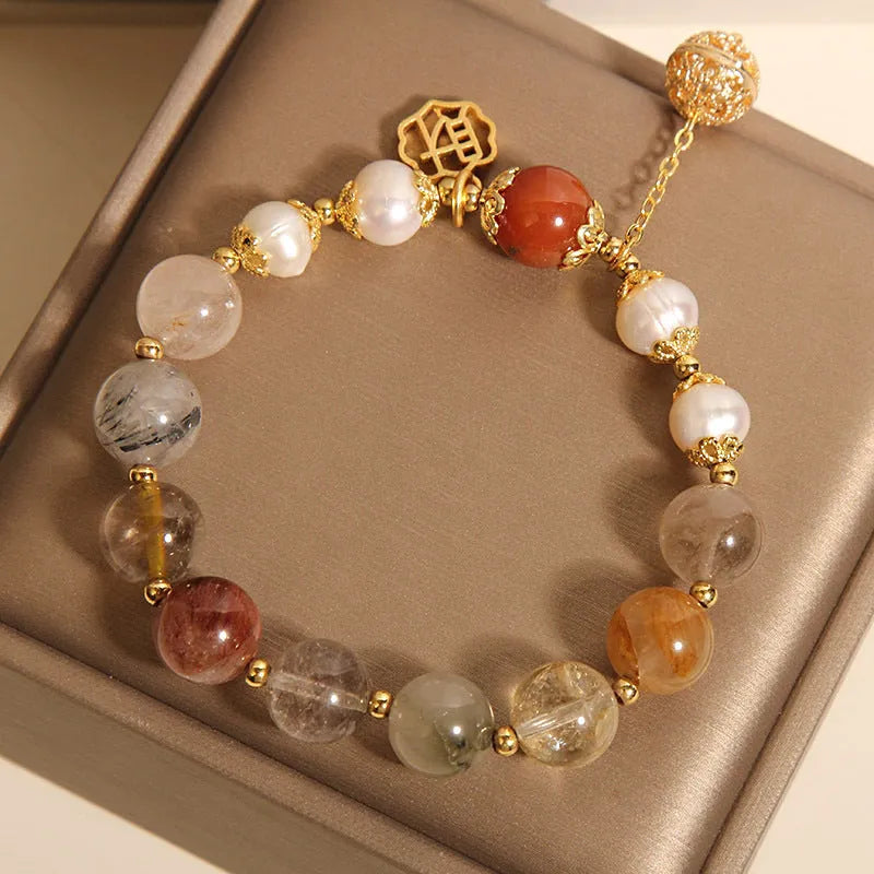 Natural colour hair crystal pearl bracelet for women with Japanese Korean style and Cai character design