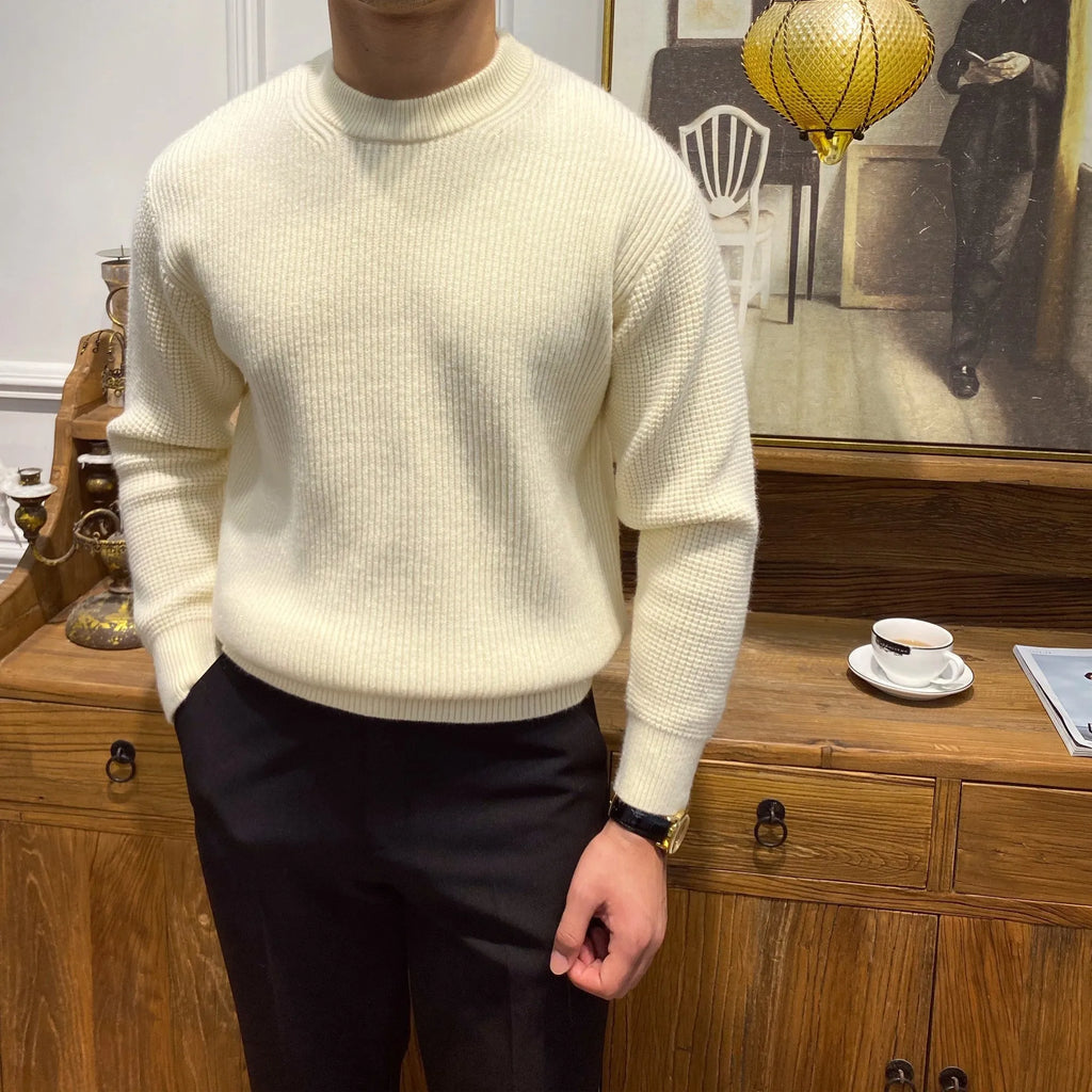 Men's warm knit sweater autumn winter round neck pullover apricot colour ribbed hem