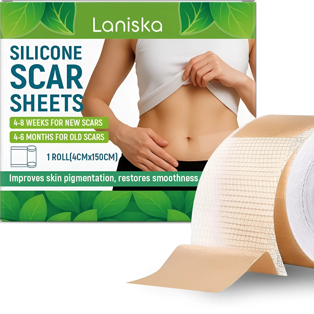 Roll of clear silicone scar sheet measuring 4cm wide, with details showing tea tree oil and aloe extract formula.