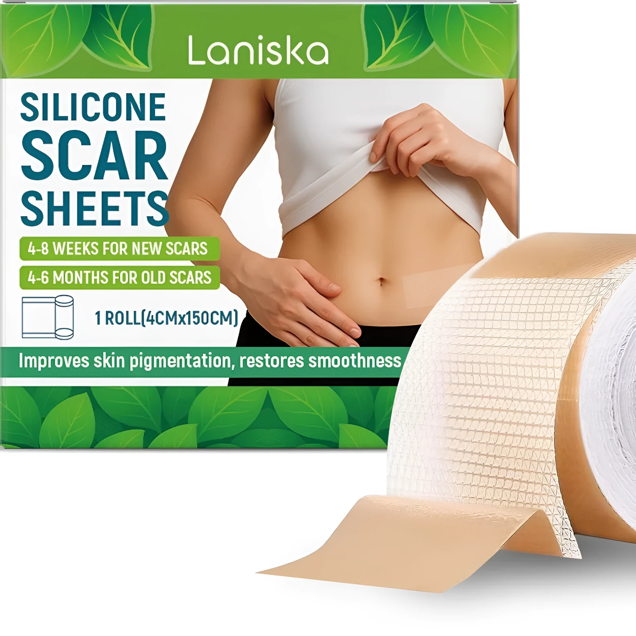 Roll of clear silicone scar sheet measuring 4cm wide, with details showing tea tree oil and aloe extract formula.