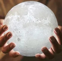 3D printed moon lamp on wooden stand showing lunar surface details with touch control ring