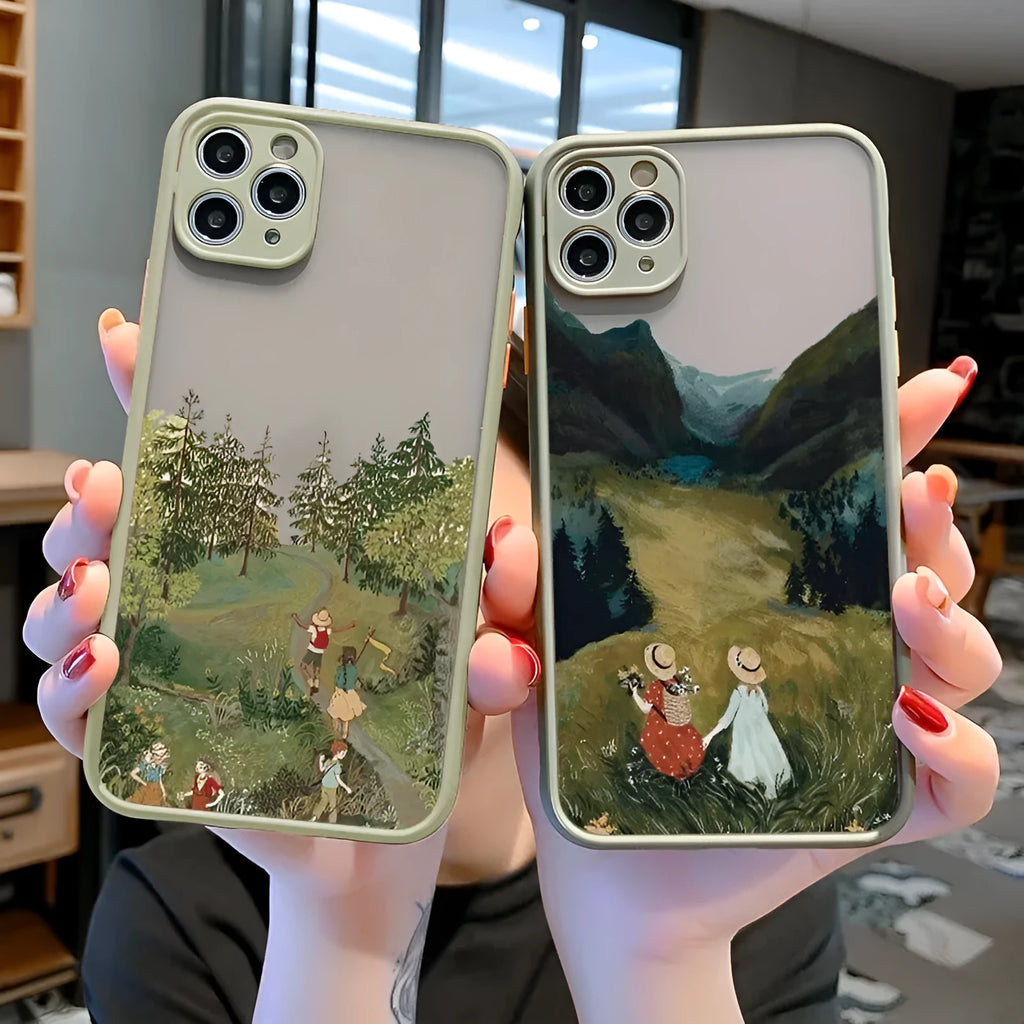 Vintage cartoon scenery girl phone case displayed on iPhone showing Japanese and South Korean inspired print