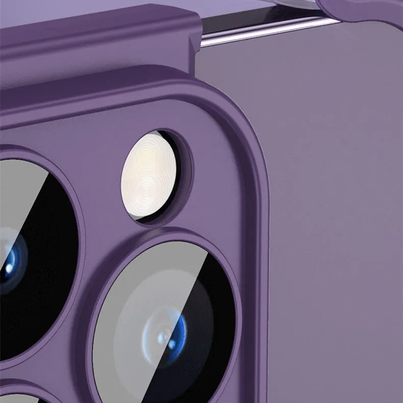 Dark purple TPU mobile phone case for Apple iPhone with corner pads and integrated glass lens film.