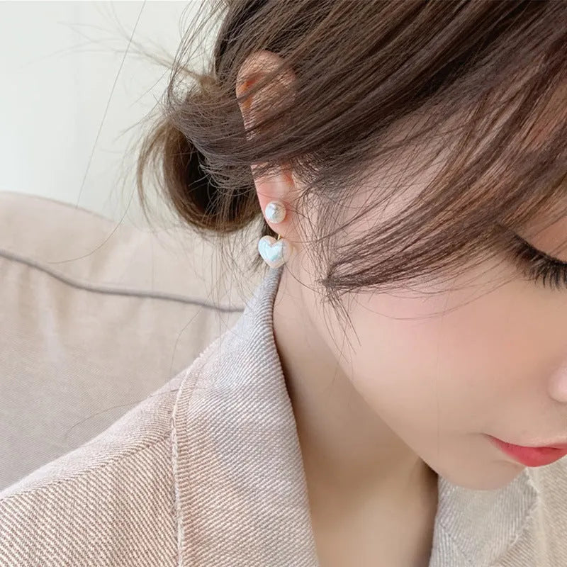 Korean style heart-shaped pearl stud earrings with alloy setting and inlaid gemstones