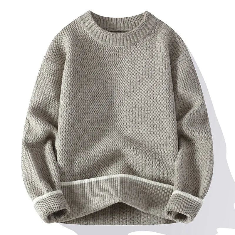 Men's grey round neck pullover sweater with loose fit long sleeves