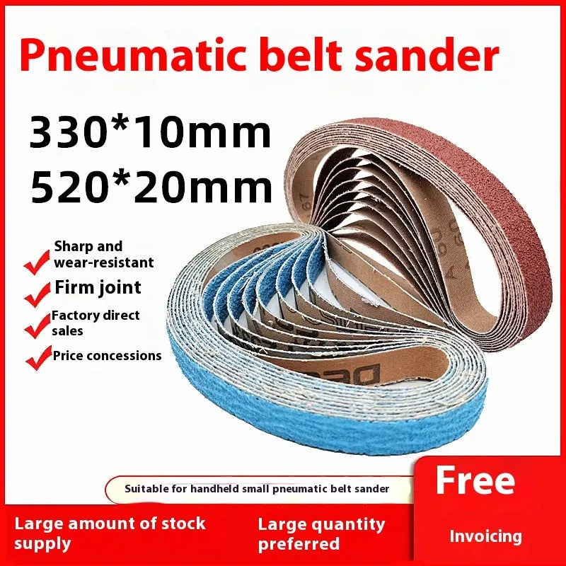 Pneumatic belt sander with 10x330mm alumina sandpaper tape and roll ring for metal polishing