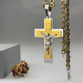 Titanium steel cross pendant necklace in gold finish on a clavicle chain
