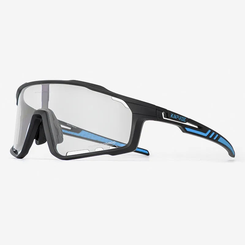 Photochromic cycling sunglasses with semi-rimless TR90 frame and adaptive lens.