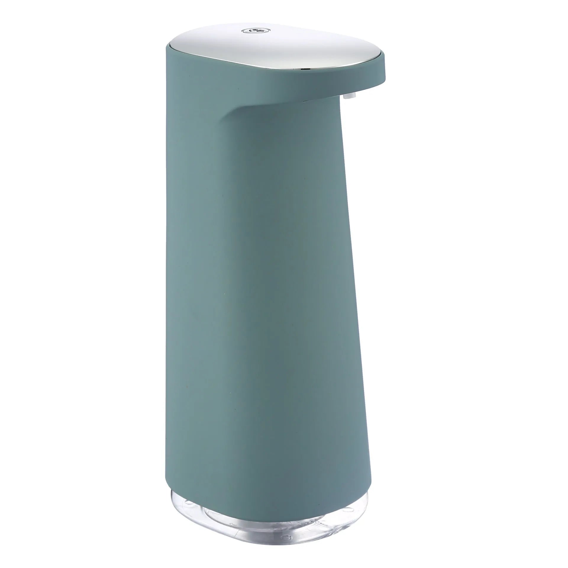 White automatic foam soap dispenser with sensor for touch-free operation on bathroom counter