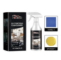Multifunctional foam cleaner bottle 9.3x11.5cm with sponge and microfibre towel on a kitchen worktop