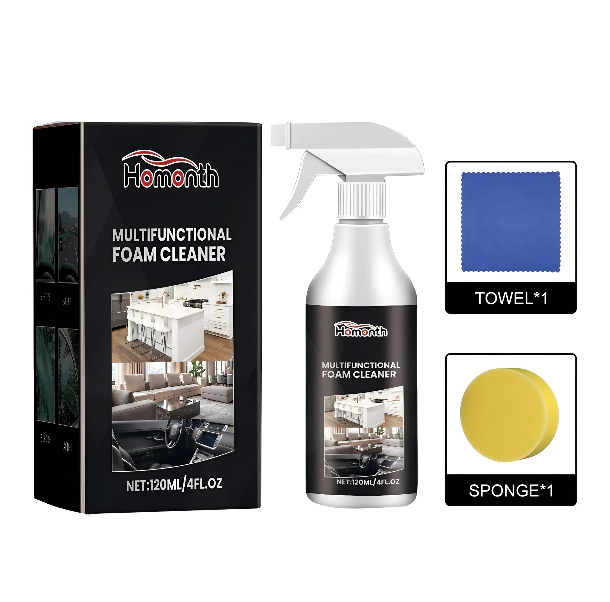 Multifunctional foam cleaner bottle 9.3x11.5cm with sponge and microfibre towel on a kitchen worktop