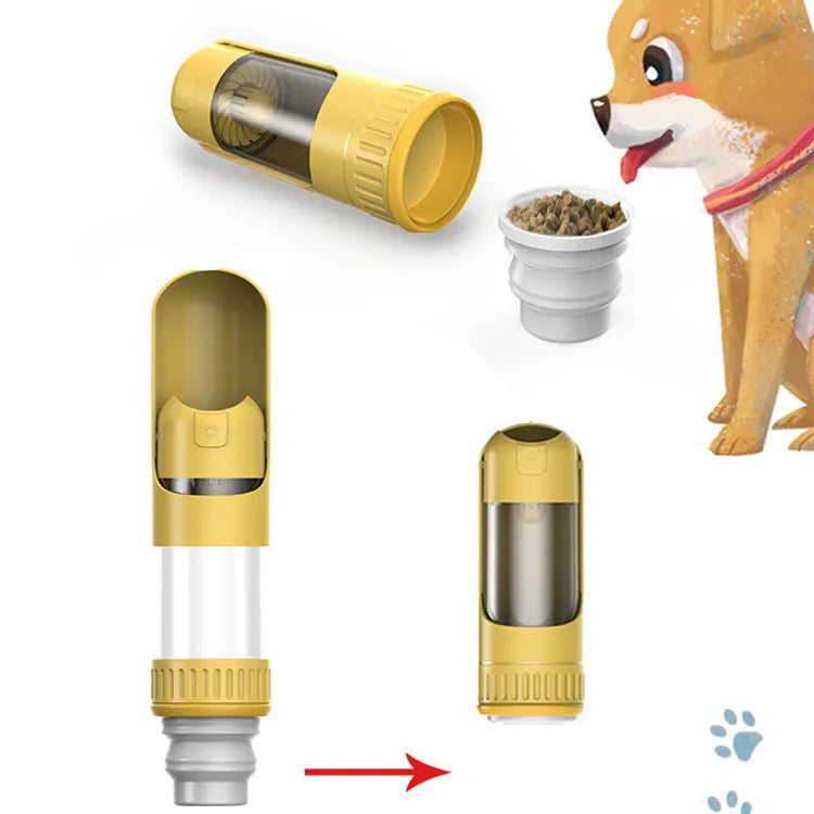 Dark blue portable dog water bottle with built-in drinking bowl showing leak-proof lock mechanism