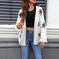 Women's jacquard floral pattern knitted coat cardigan in beige colour, loose fit plus size street fashion style