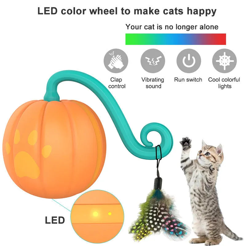 Electric luminous cat toy ball in watermelon green and pink design next to pumpkin orange version