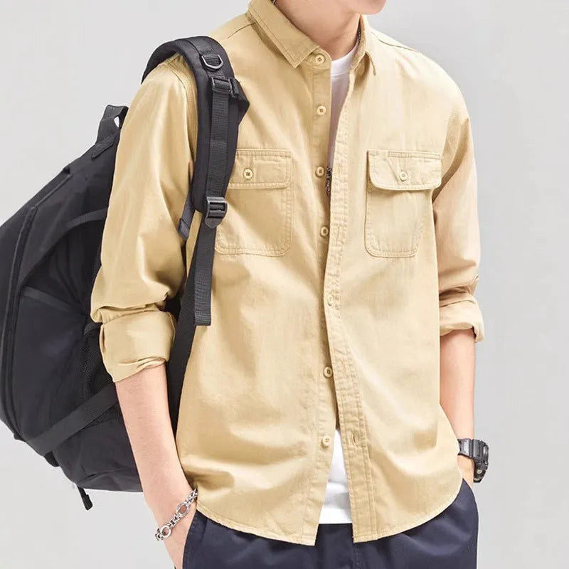Men's loose fit long sleeve cardigan shirt in polyester available in light gray, black, khaki, and green.