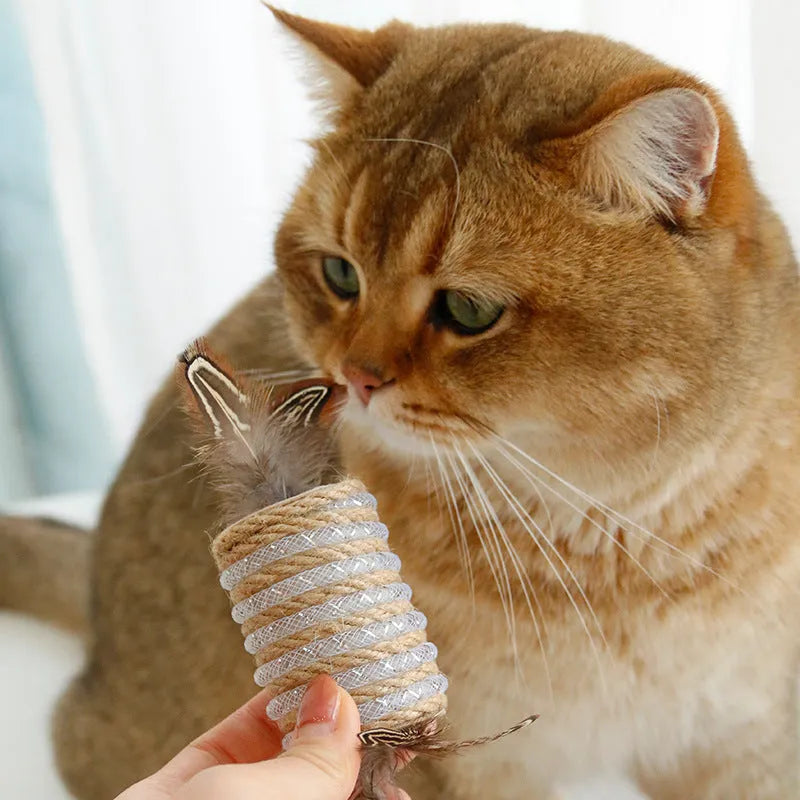 Beige cat toy with feathers, hemp rope scratching area and a central sound roller for pet claw play.