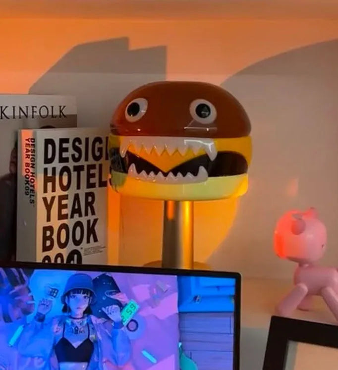 Cartoon hamburger-shaped table lamp with LED, tri-colour dimmable touch switch, 17.5cm x 29cm