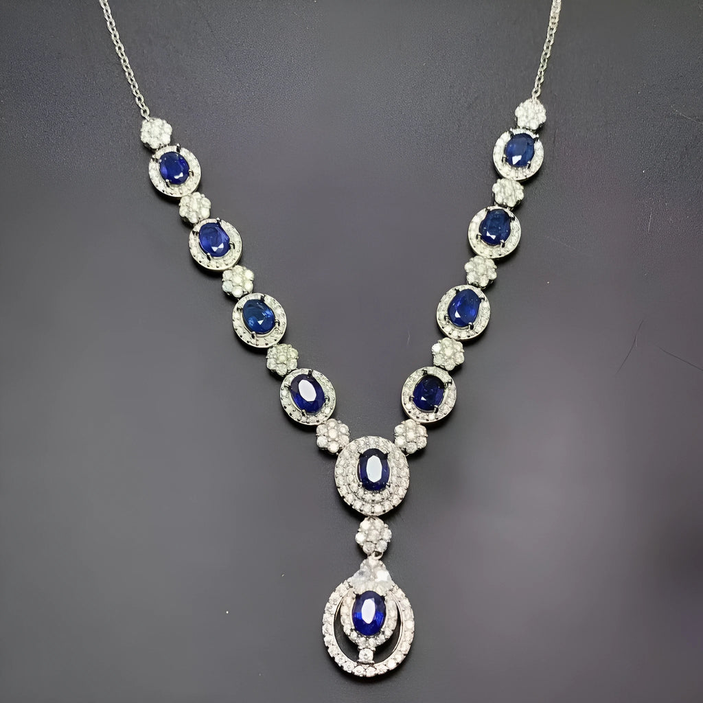 925 silver necklace with natural Sri Lankan sapphire and white gold colour geometric pendant