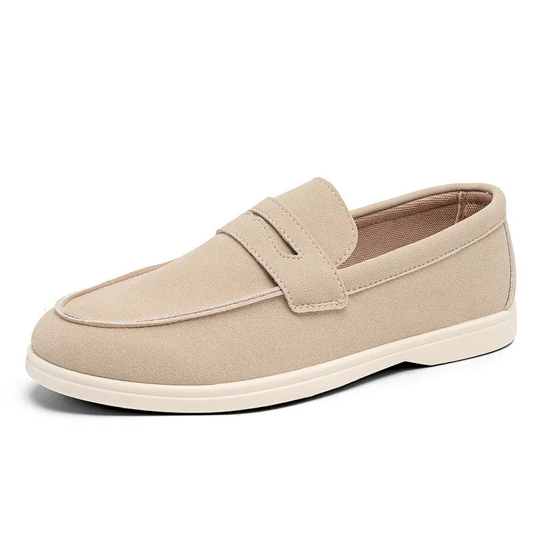 Men's suede casual shoes in beige with a round toe and flat rubber sole.