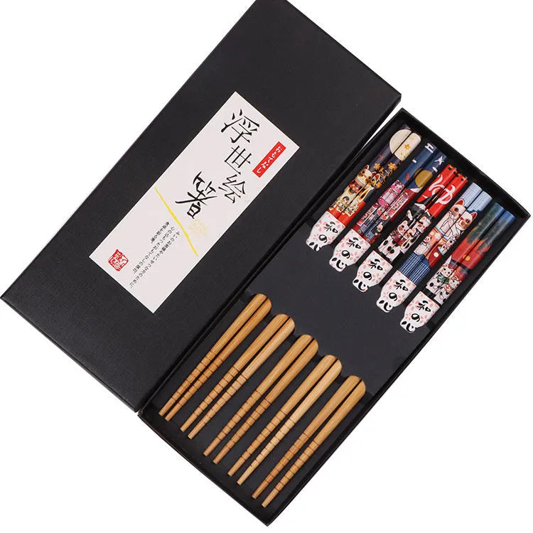 Five pairs of bamboo chopsticks with Japanese lucky cat and blue patterns in gift packaging