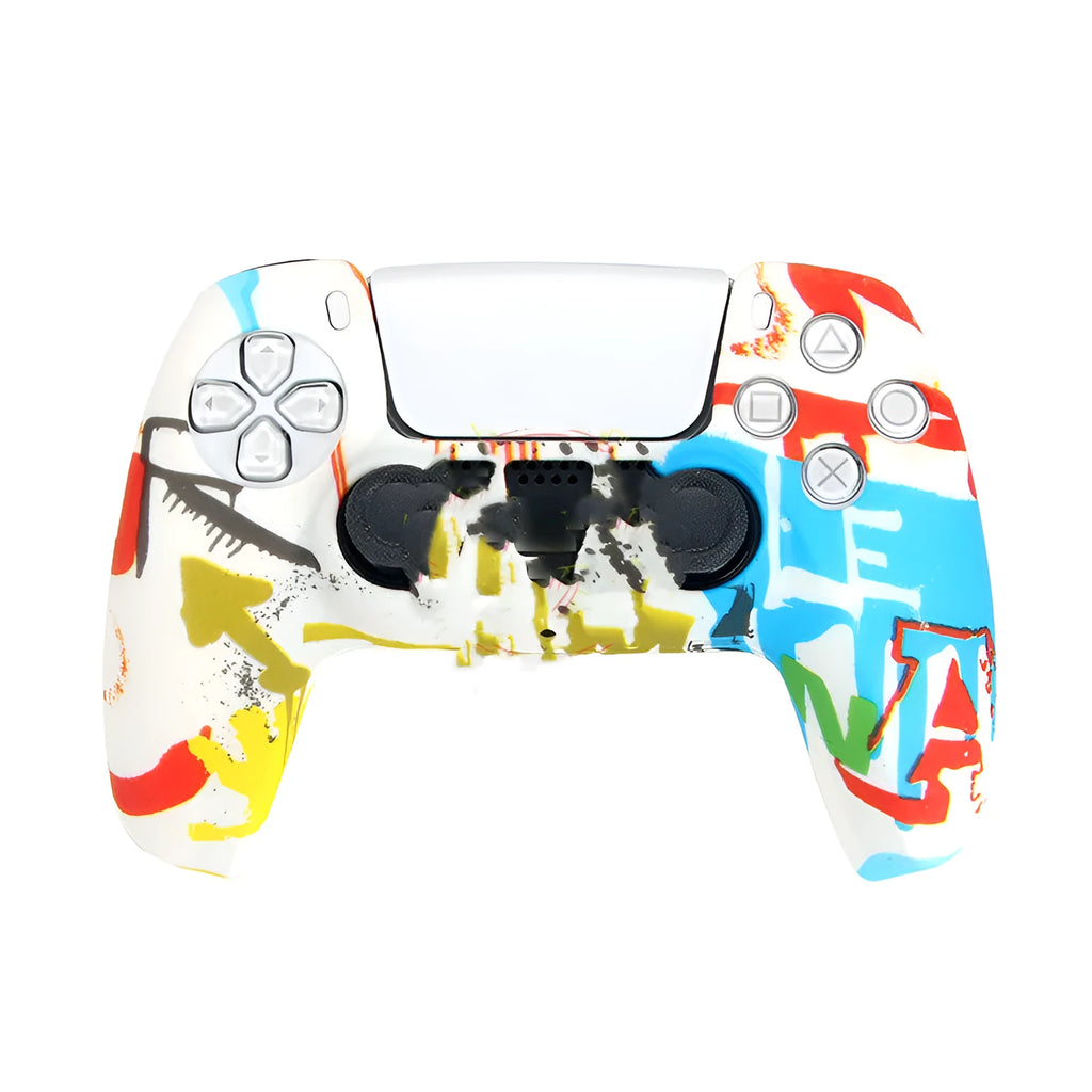 Camouflage pattern silicone protective case fitted on a black PS5 DualSense controller.