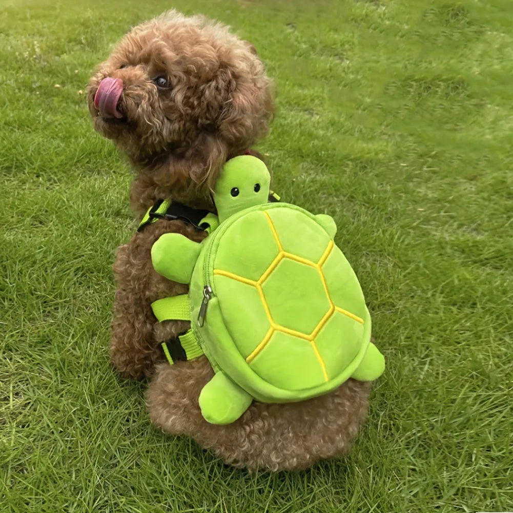 Turtle-shaped dog backpack harness in green colour with metal zipper