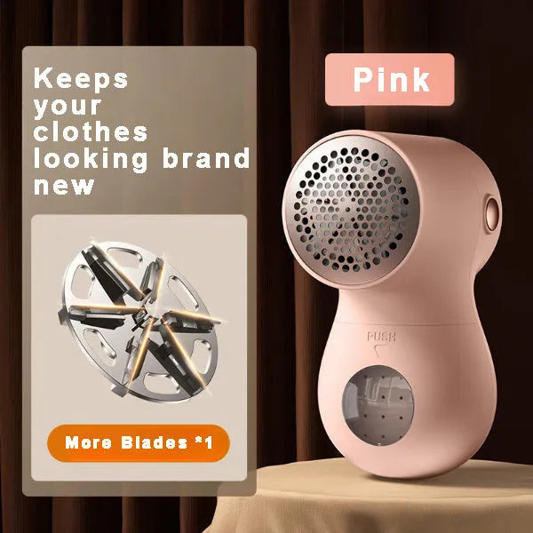 White USB rechargeable electric lint remover and fabric shaver with LED display on a grey background.