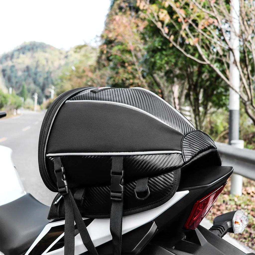 Black waterproof motorcycle crossbody bag with reflective strips and multiple pockets