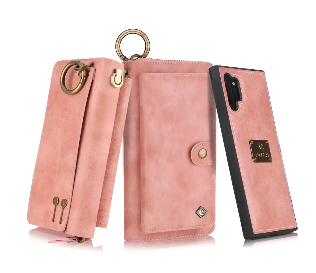 PU leather mobile phone wallet case with zip closure in black, brown, red, and pink colours