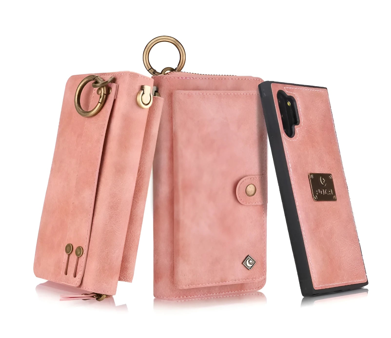PU leather mobile phone wallet case with zip closure in black, brown, red, and pink colours