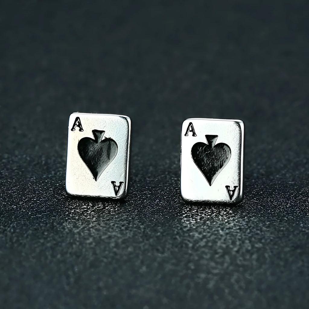 Small black peach A stud earrings in titanium steel with quadrilateral geometric punk style, shown as a pair.