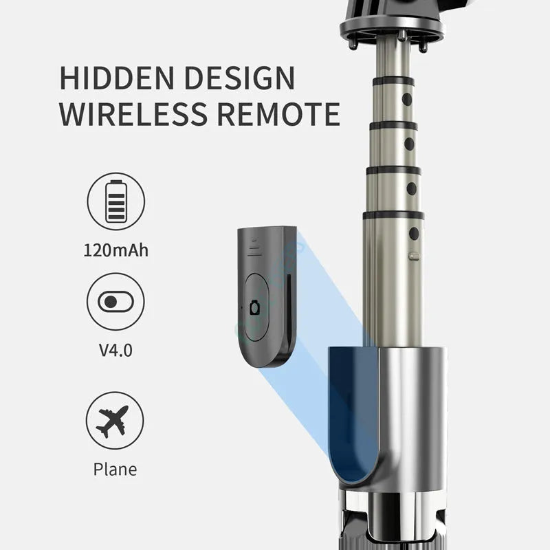 Black aluminium phone tripod selfie stick fully extended to 700mm next to an iPhone.
