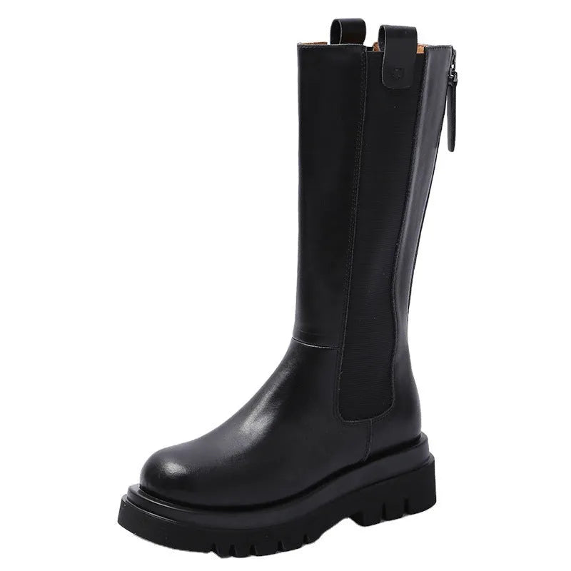 Women's cow two-layer leather Martin boots in black with rear zip, square heel, and waterproof platform
