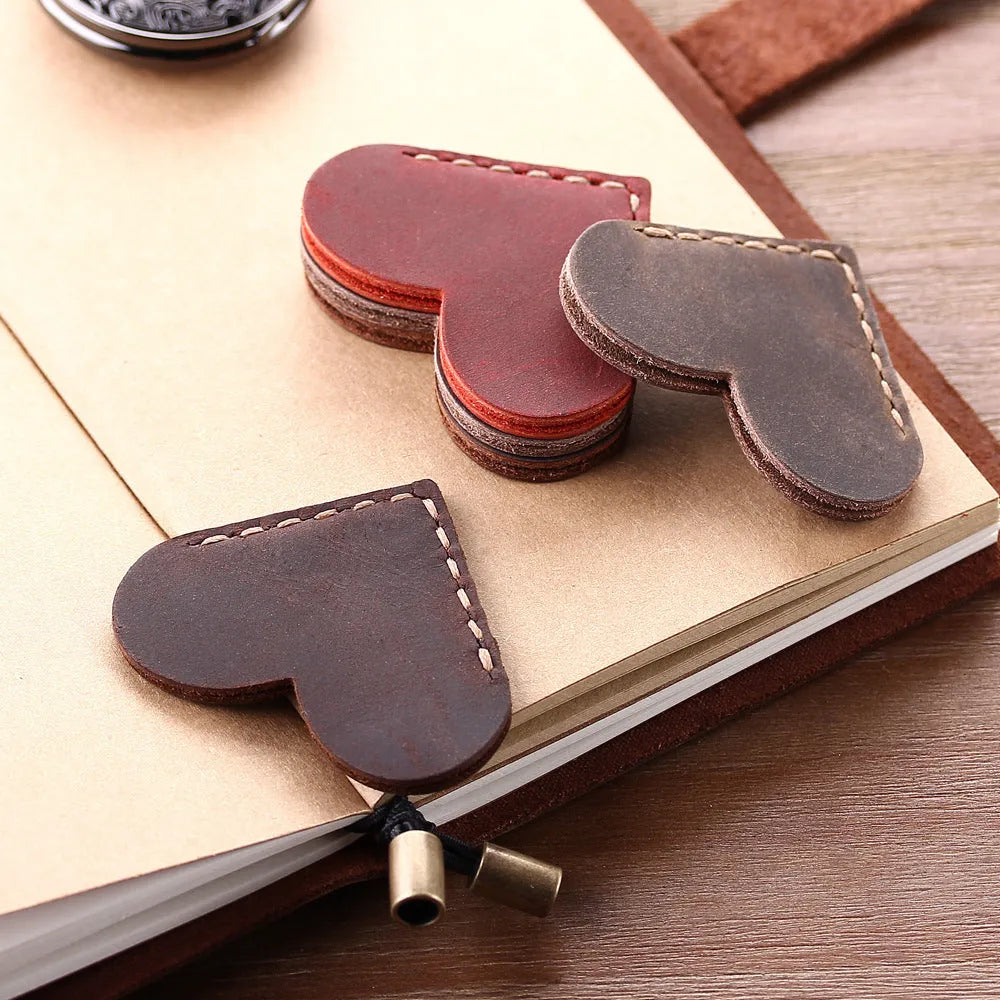 Heart-shaped leather bookmark in brown, handmade from first layer cowhide, 5x5 cm