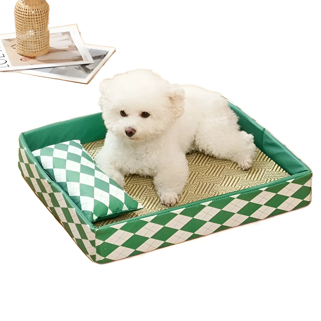 Blue rattan cat litter mat and bed in size L, showing woven texture and rectangular shape.