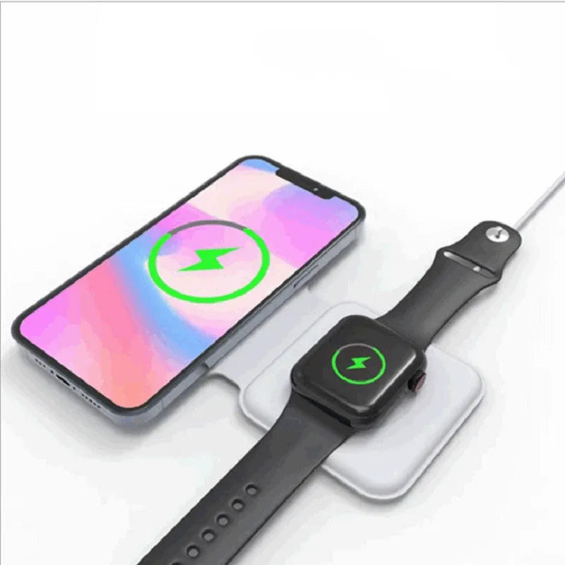 White foldable magnetic wireless charging dock showing dual charging areas and USB Type-C port.