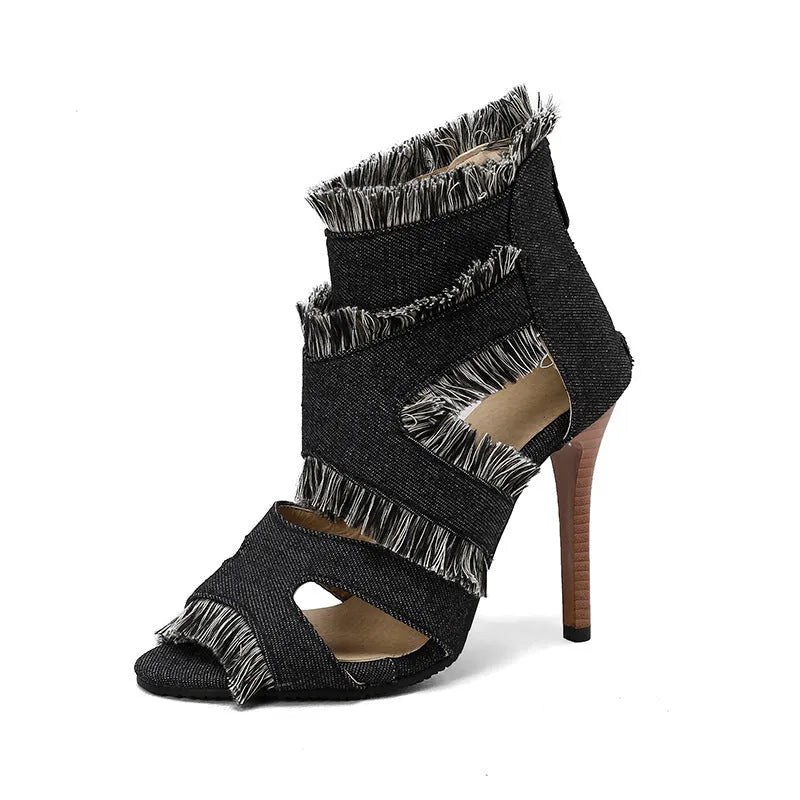 Women's plus size denim high heel sandals in leopard print and plaid patterns, sizes 32-50