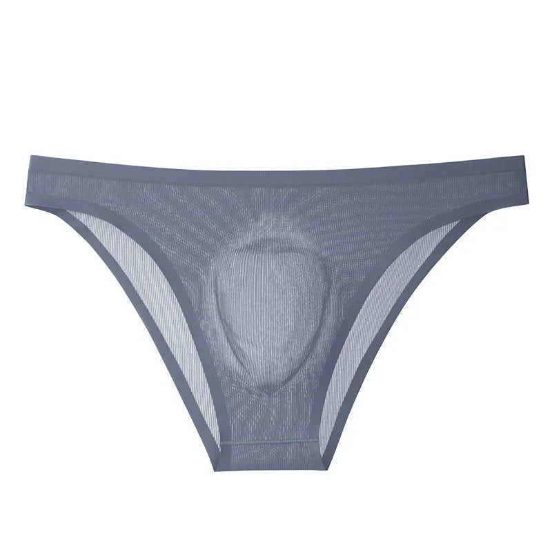 Men's translucent ice silk seamless underwear briefs in a striped pattern, showing low waist design.